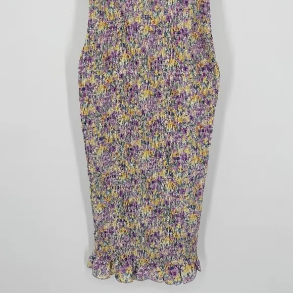 SNDYS Everyday Tina Midi Dress Size 2 Purple Yellow Floral Print Smocked Bodycon - Image 4