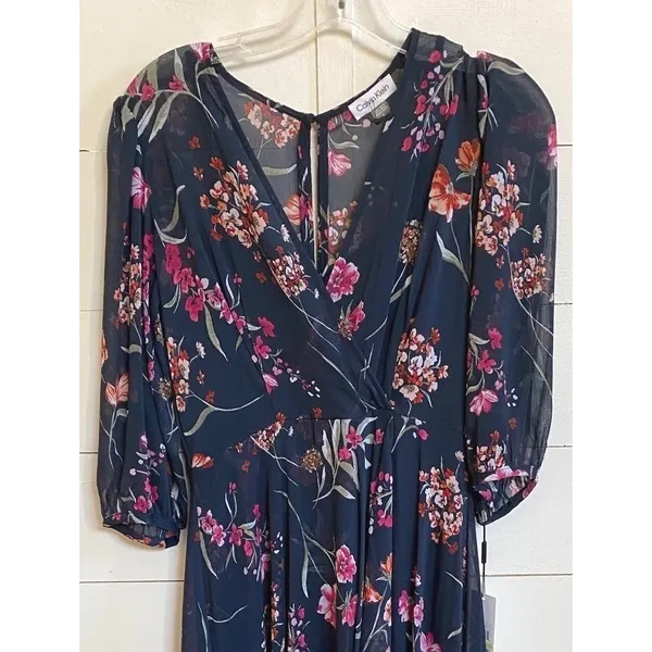 Calvin Klein Navy Blue Floral Chiffon High Low‎ Maxi Dress 4 NWT Wedding Guest - Image 10