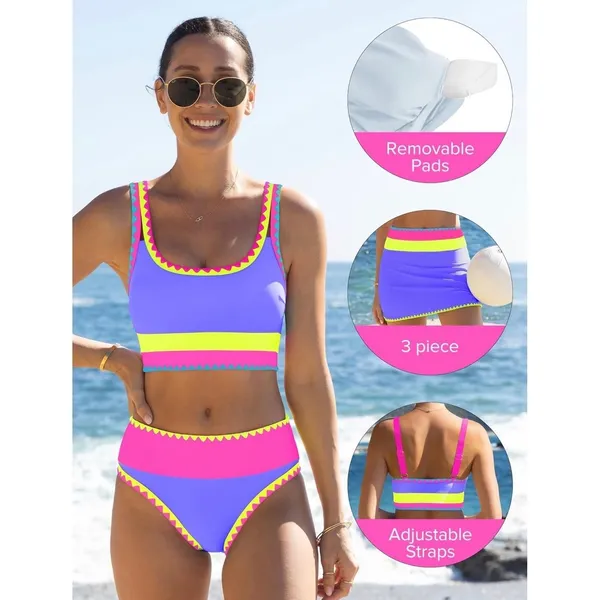 NWT Popvil 3 Piece High Waisted Bikini Set Neon Purple Pink Yellow Skirt Medium - Image 3