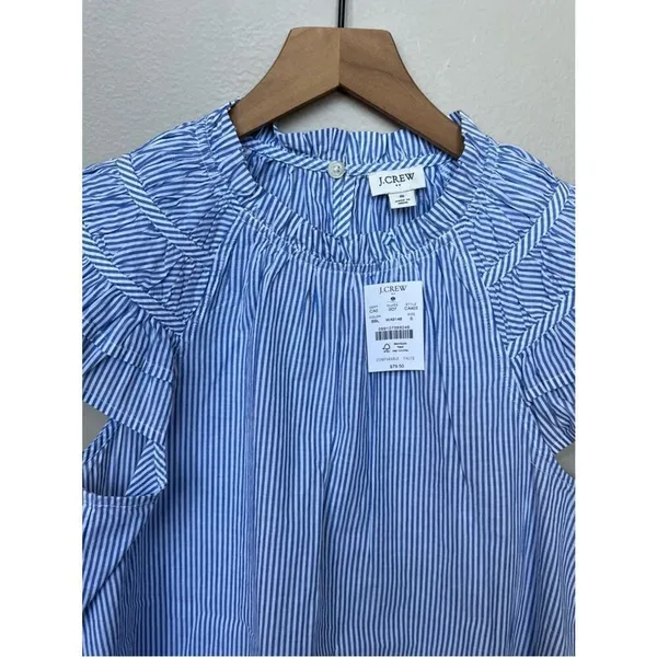 J.CREW Top Blue Striped NEW Flutter Sleeve Blouse 100% Cotton Size Small NWT - Image 3