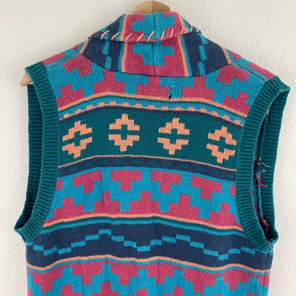 Vintage 90s Teal Blue Pink Southwestern Aztec Button Up Sweater Vest - Image 10