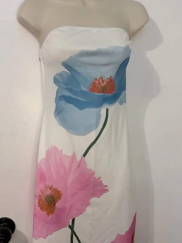 Strapless Mini Dress White Blue Pink Poppy Floral Stretch Size M No Tag - Image 3