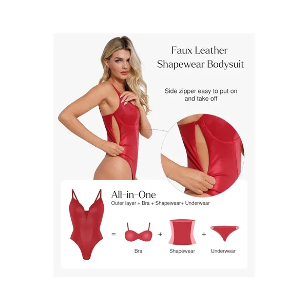 NWT Popilush Red Faux Leather Corset Shapewear Bodysuit Underwire V-Neck Medium‎ - Image 4