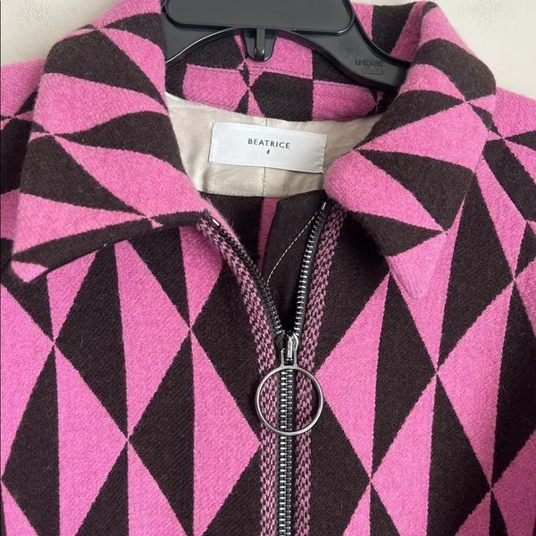 Anthropologie Beatrice B Wool Topcoat Belted Retro‎ Geometric Print Sz XS - Image 5