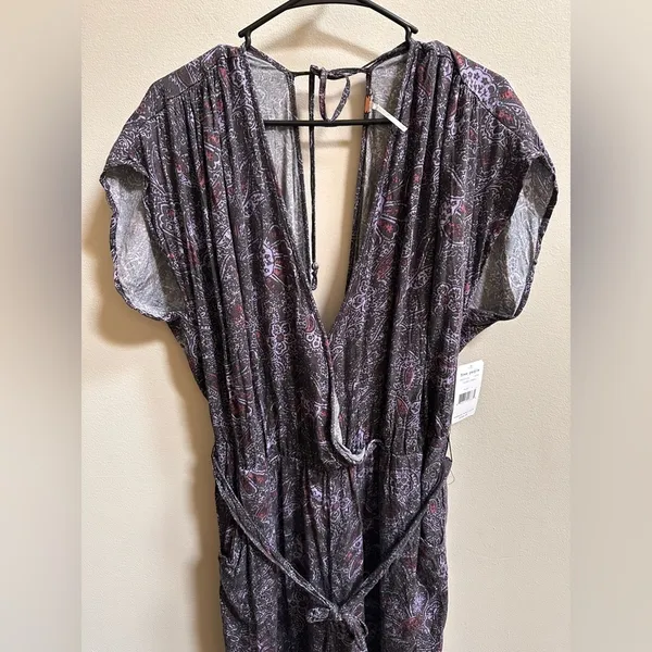 NEW Free People Universal Surplice Jumpsuit Purple Paisley Boho Cottage Whimsy L - Image 5