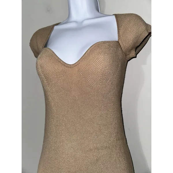 JLUXLABEL Tan‎ Ribbed Knit Midi Dress | Sweetheart Neck Cap Sleeve Size L - Image 2
