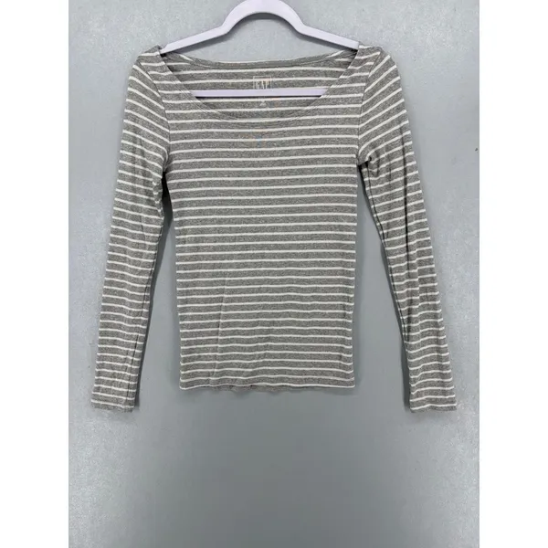 Gap Womens Top Gray White Striped Ribbed Scoop Neck Long Sleeve XS - Image 2