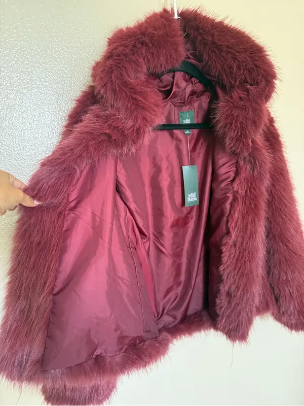 Wild Fable Burgundy Faux Fur Jacket S Y2K Mob Wife Glam Plush Coat - Image 6