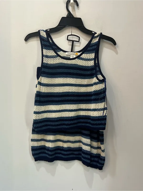 C&C California striped knit two piece set navy blue cream color Medium - Image 2