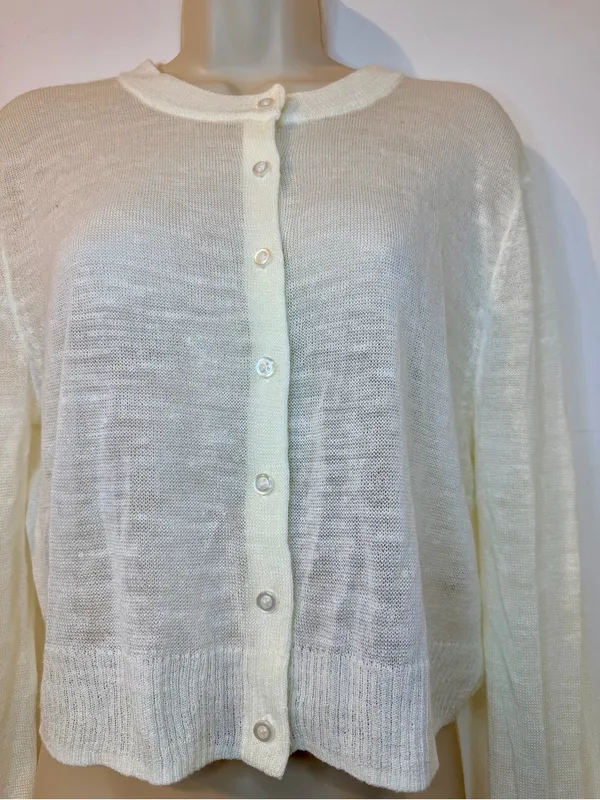 AQUA XL Ivory Linen Blend Open Knit Cardigan Lightweight Button Sweater - Image 4