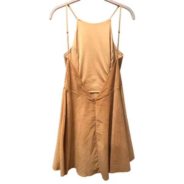 Blush Camel Stretch Corduroy Halter Skater Mini Dress Tan Ribbed Fit Flare L - Image 4