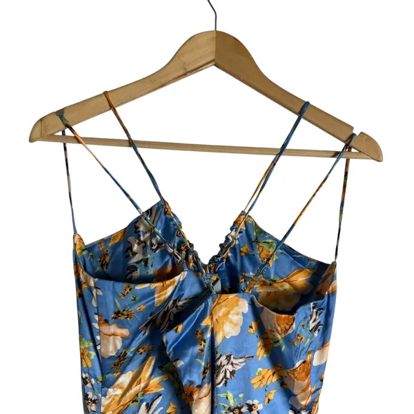 Nookie Simone Blue Floral Satin Asymmetrical Ruffled Cut Out Cocktail Dress L - Image 13