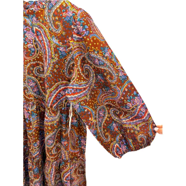 ANA A NEW APPROACH Paisley Dress XL NWT Cotton Tiered Ruffle Puff Sleeve Brown - Image 4