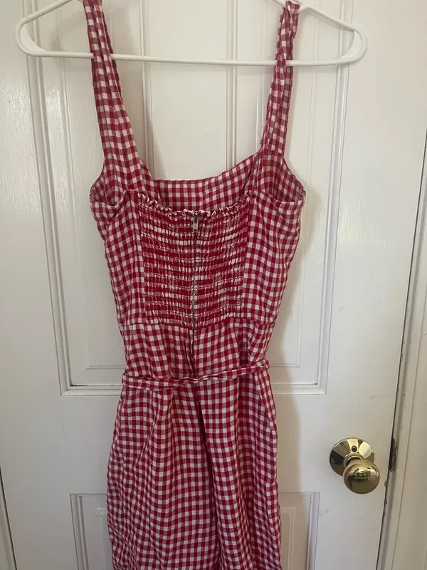 Reformation Red Linen Gingham Jumpsuit Wide-Leg - Image 4