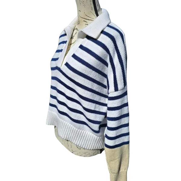 Madewell Striped Polo Sweater Medium‎ White Navy Blue V-Neck Knit Top P2709 - Image 2