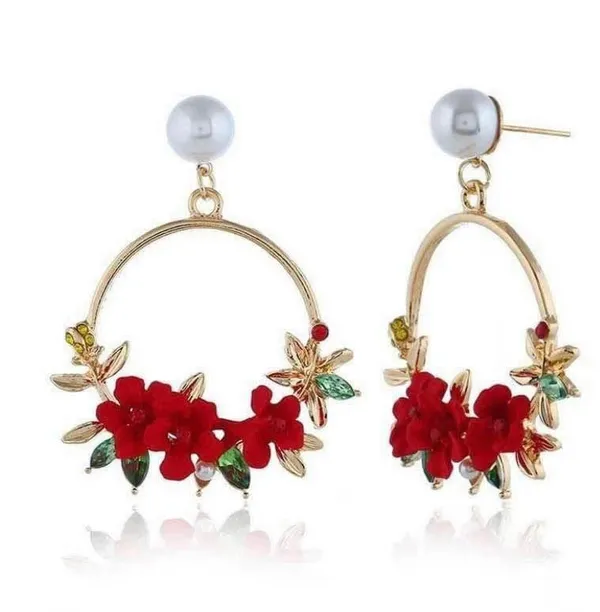 Women's Pearl Crystal Flower Dangle Drop Hoop Earrings - Image 4