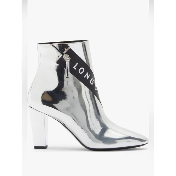 Longchamp Mirror Metallic Silver Logo Heeled Ankle Boot Designer 37 - Image 2