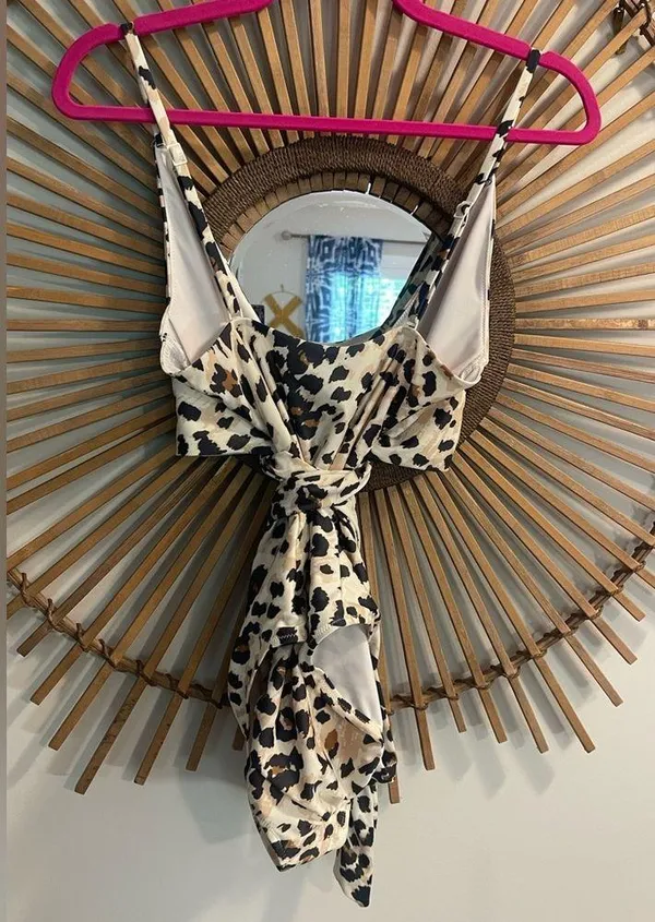 Women’s Aerie Leopard Print Wrap Swimsuit Size M Adjustable Full Coverage Cream - Image 10