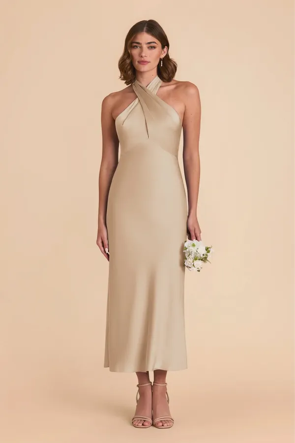 Neutral Champagne Birdy Grey Monique Matte Satin Dress - Image 3