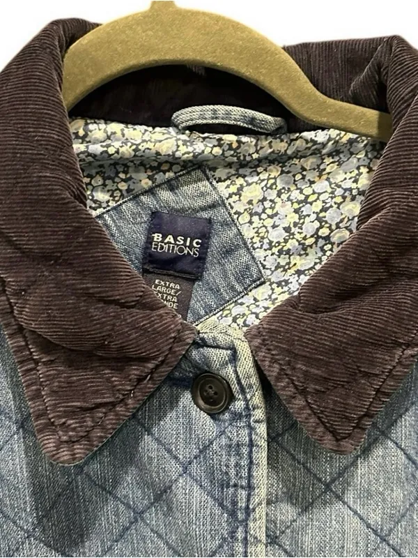 Vintage Quilted Denim Barn Jacket Navy Corduroy Collar Oversized - Image 5