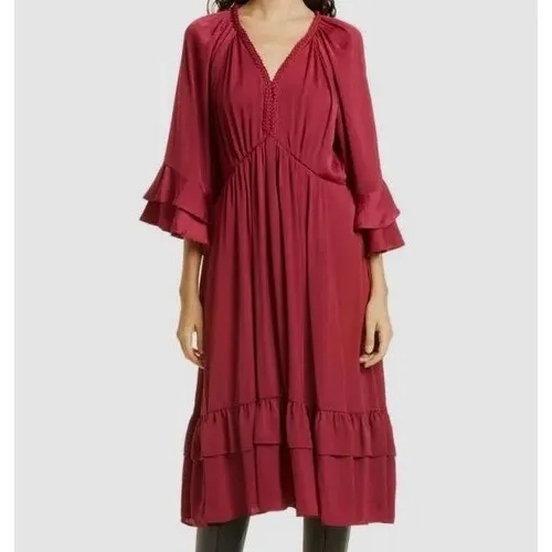 Kobi Halperin Bryant Ruffle Trim Midi Dress Red Boho‎ Satin Tiered Size Small - Image 2