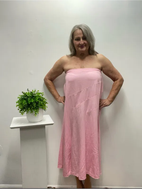 Square-Neck Pink Midi Dress with Puff Sleeves with removable sleeves linen blend - Image 2