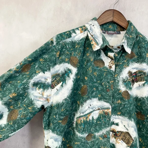 Vintage‎ Woolrich Flannel Shirt Womens Large Pinecone Winter Cabin Scenic Woodsy - Image 5