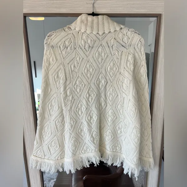 Vintage Wintuk Knit Poncho Button Cape Shawl Sweater with Fringe Trim Off White - Image 3