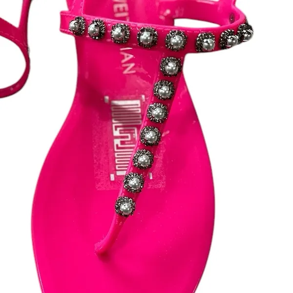 NEW STUART WEITZMAN Pearl Crystal-embellished Jelly Thong Sandals In Neon Pink - Image 9