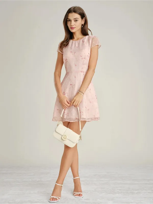 Rihoas Pink Cap Sleeve Jacquard Fit-and-Flare Mini Dress - Image 4