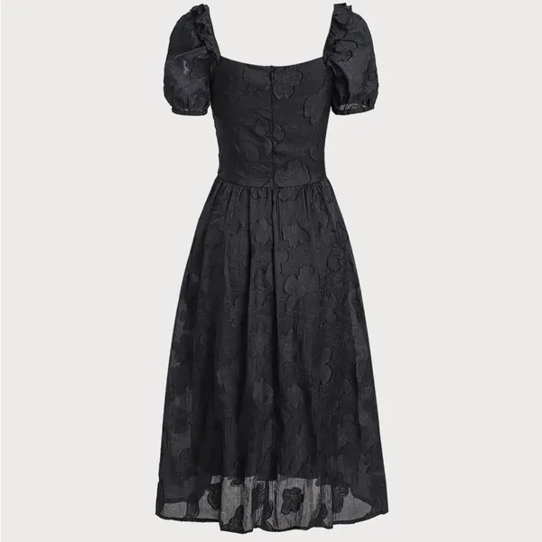Rihoas Black Square Neck Puffed Sleeve Midi Dress - Image 7