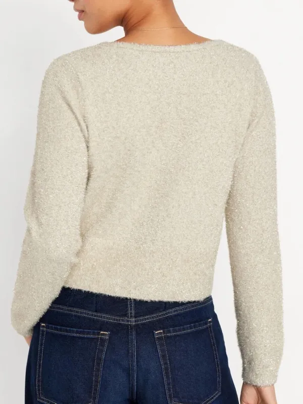 Old Navy NWT Cream Gold Textured Shine Crop Party Cardi Cardigan Sweater Small - Image 2