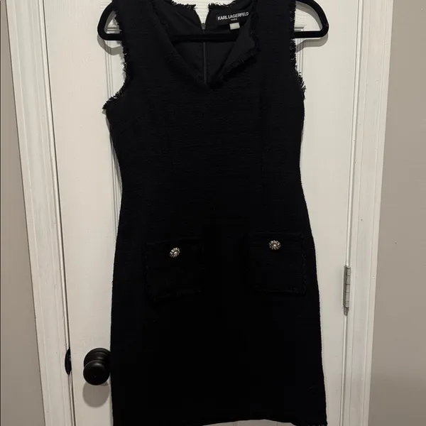 Karl Lagerfeld Paris Black Tweed Sheath Dress Size 6 Fringe Trim Pockets - Image 2