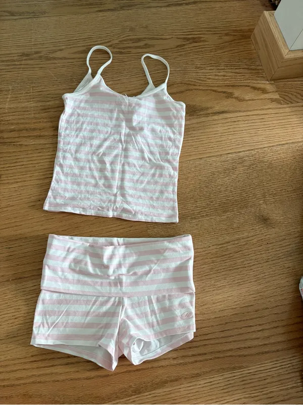 Frankie's Bikinis Striped Pink & White Women's Sleep Tank and Short Set - Image 2