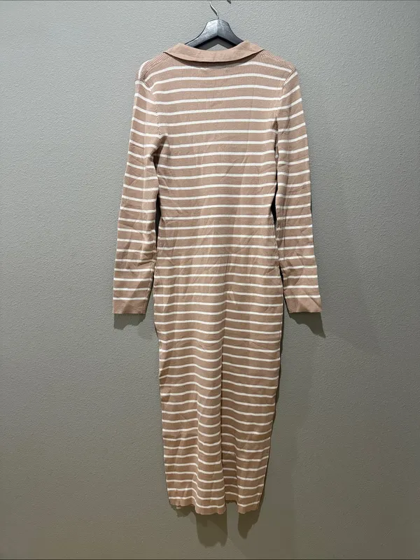 Mirol Tan Stripe Ribbed Collar V Neck Long Sleeve Fitted Midi Dress Size XL - Image 4