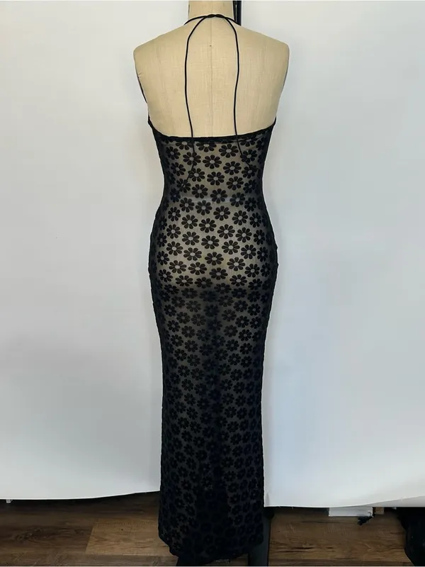 Sheer Floral Cutout Halter Maxi Dress - Black - Image 4