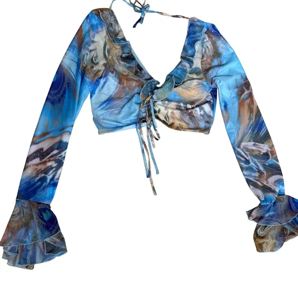 Outcast vacation beachy long sleeve sheer sexy crop mesh‎ blue patterned top L - Image 2