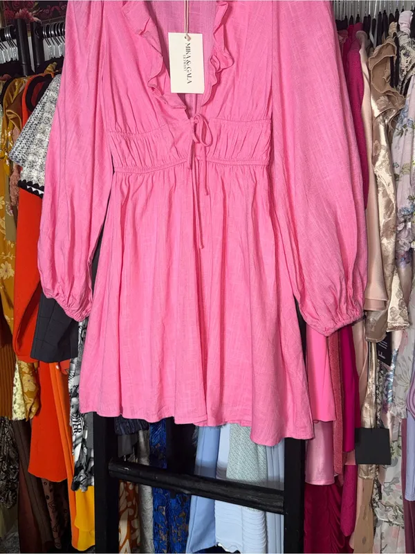 Mika & Gala Carnivale Pink Balloon Sleeve Ruffle Mini Dress Womens XS New NWT - Image 9