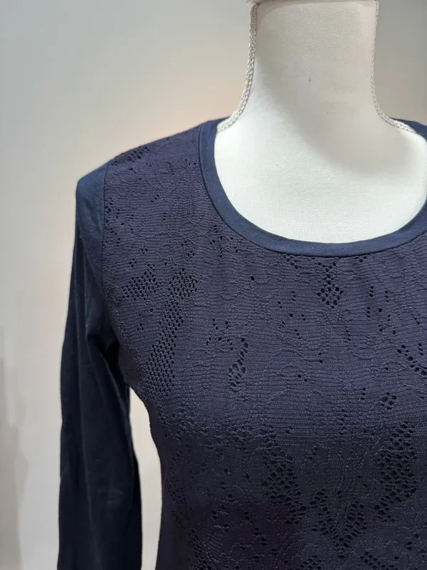 Navy Ann Taylor Mixed Media L/S Top Size S EUC - Image 3