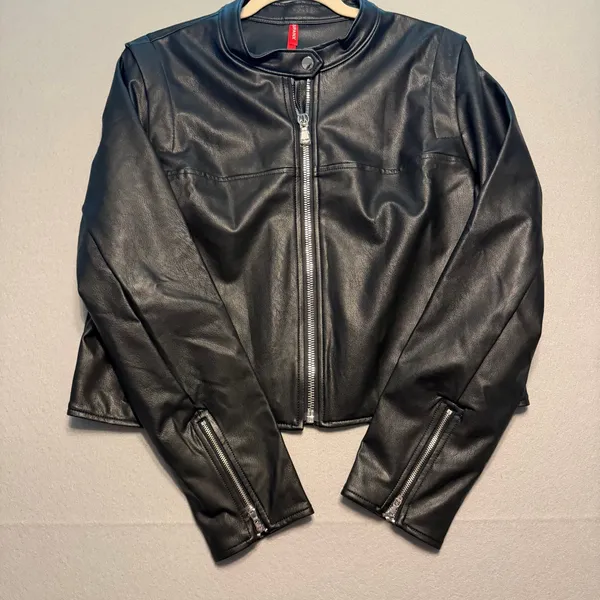 Spanx NWT Faux Leather Moto Jacket Black Full Zip Biker Coat Women XL - Image 2