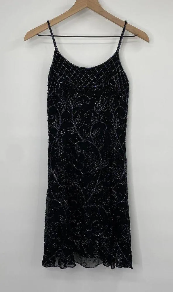 Vintage 90s Pure Silk Beaded Floral Mini Dress Flowy Cocktail Black Womens XS - Image 3