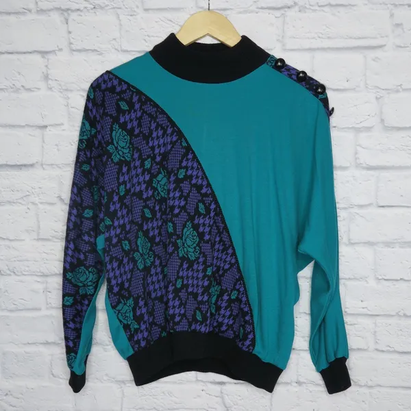 Vintage 80s Purple & Teal Houndstooth Rose Sweater - Image 4