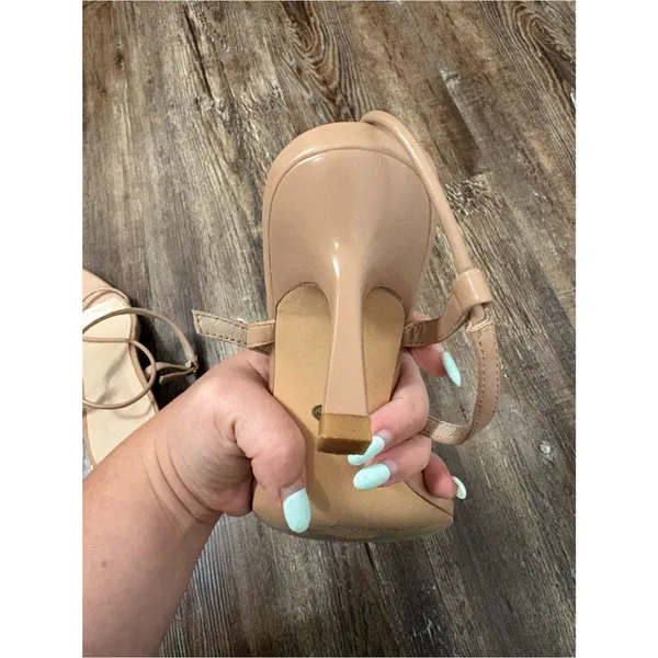Strappy Heeled Sandals Pump 8.5 Light Tan Nude Wedding Bridal Summer Minimalist - Image 5