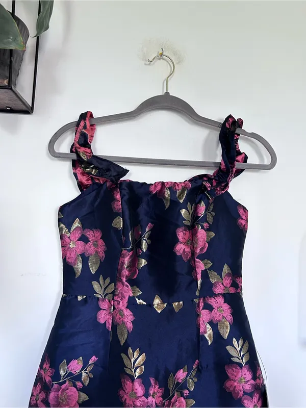NWT Lulus Pop the Bottle Navy Blue Floral Jacquard Ruffled Mini Dress Size Small - Image 4