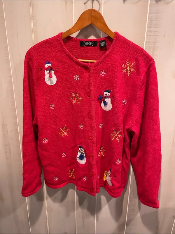 Cute cherry red holiday winter snowman 90s cotton blend cardigan sweater - Image 2