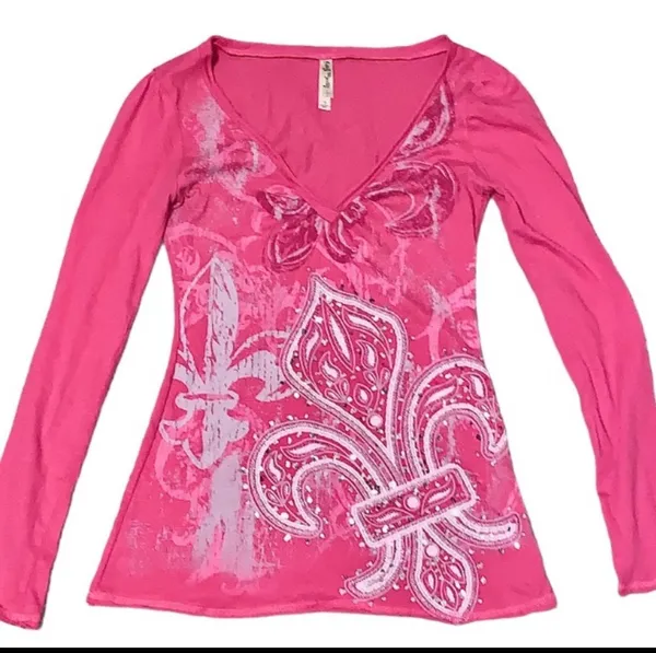 Y2K Anchor Blue Sequin Fleur de lis Long Sleeve Top Pink Small Fairy Grunge Punk - Image 8
