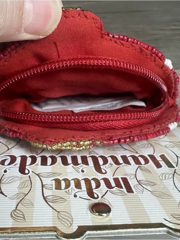 India Handmade Red Beaded Snowflake Coin Purse Christmas SNOWFLAKE Pouch 5" x 5" - Image 3