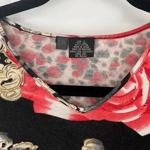 LR Women's Boho Artsy‎ Knit Top L Silk Black Red Floral Baroque Y2K Long Sleeve - Image 3
