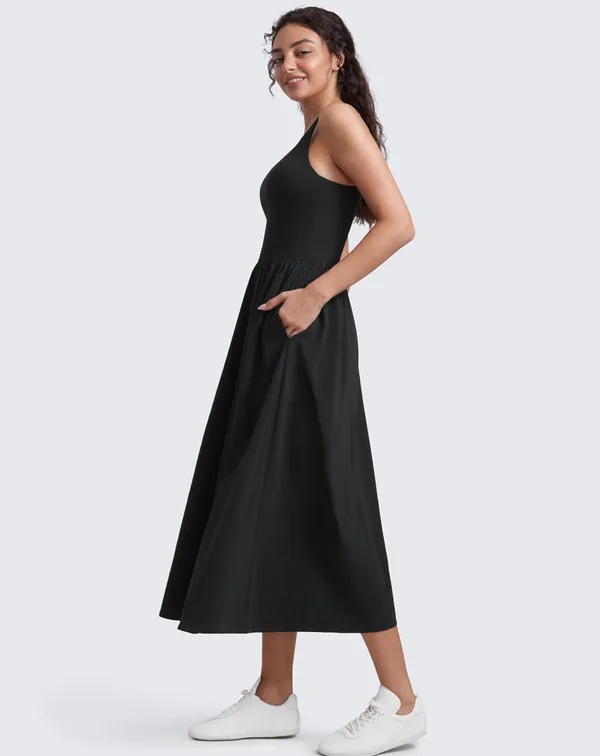 CRZ YOGA Square Neck Maxi Dress for Women - Flowy Sleeveless Padded Travel Casual Outfits with Side Pockets - Image 2