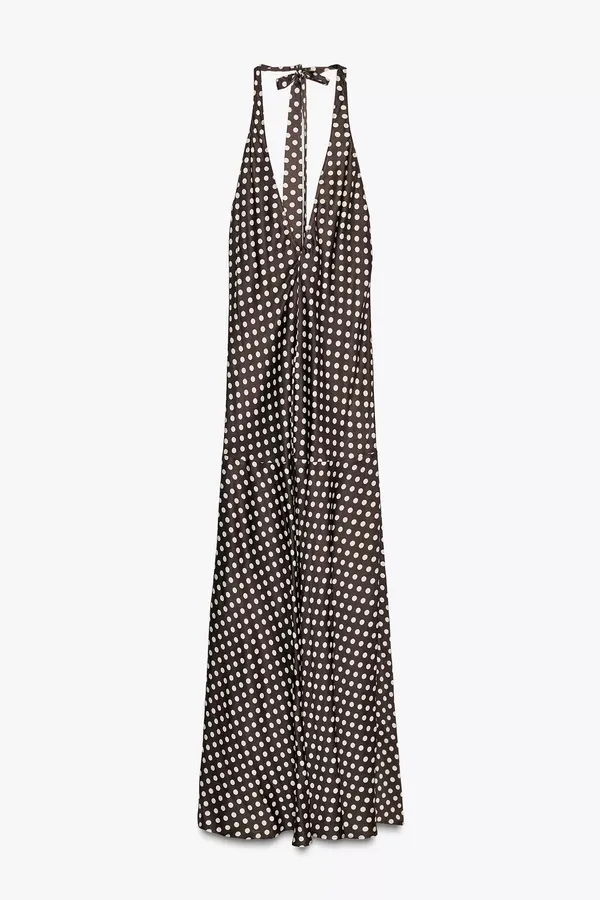 Zara Elegant Brown and White Polka Dot Halter maxi flowy Dress - Image 7